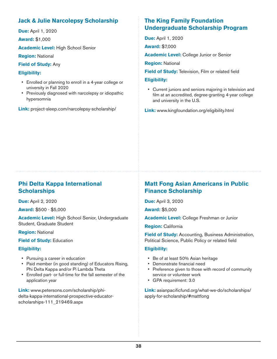 2020 List of Undergraduate Scholarships That Dont Require Proof of U.S. Citizenship or Legal Permanent Residency, Page 38