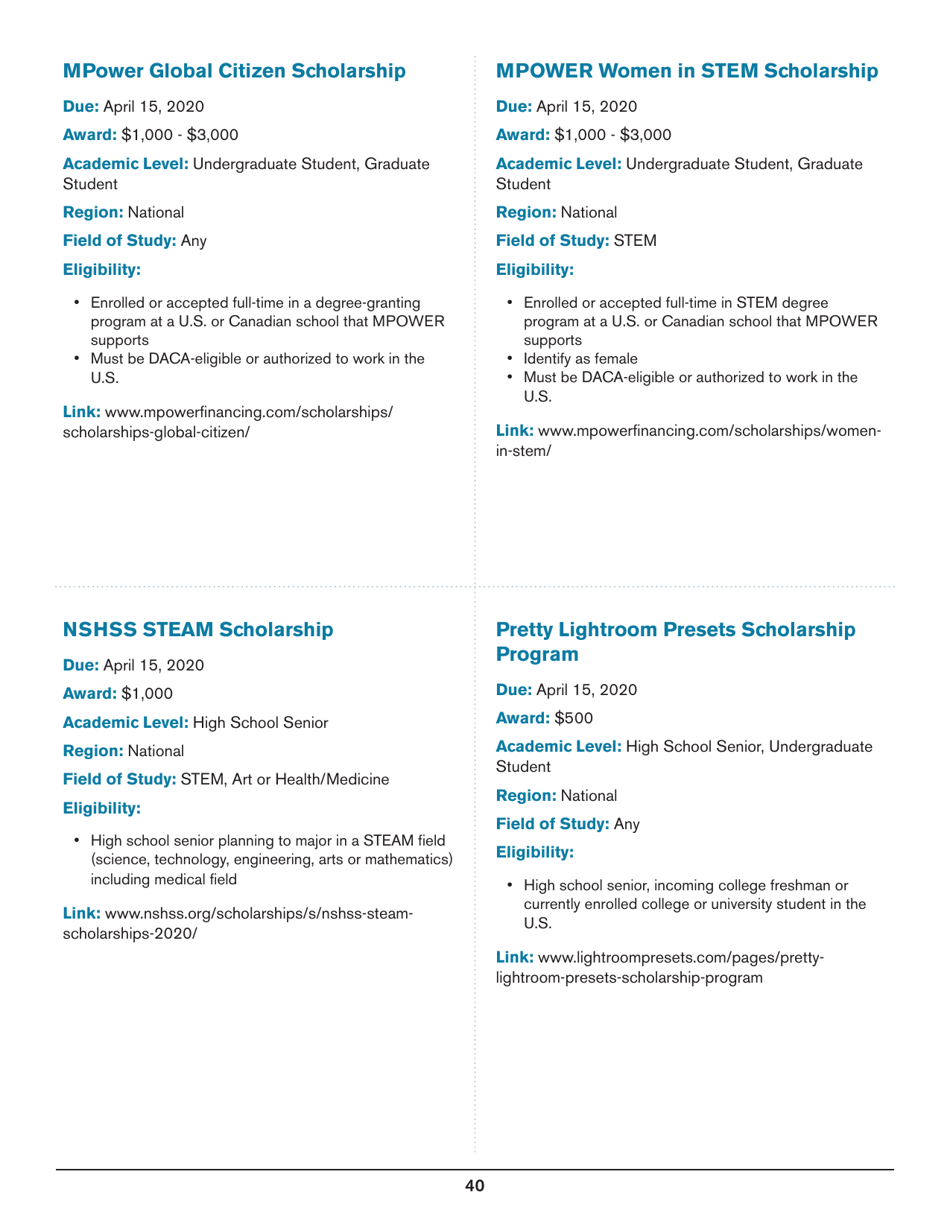 2020 List of Undergraduate Scholarships That Dont Require Proof of U.S. Citizenship or Legal Permanent Residency, Page 40