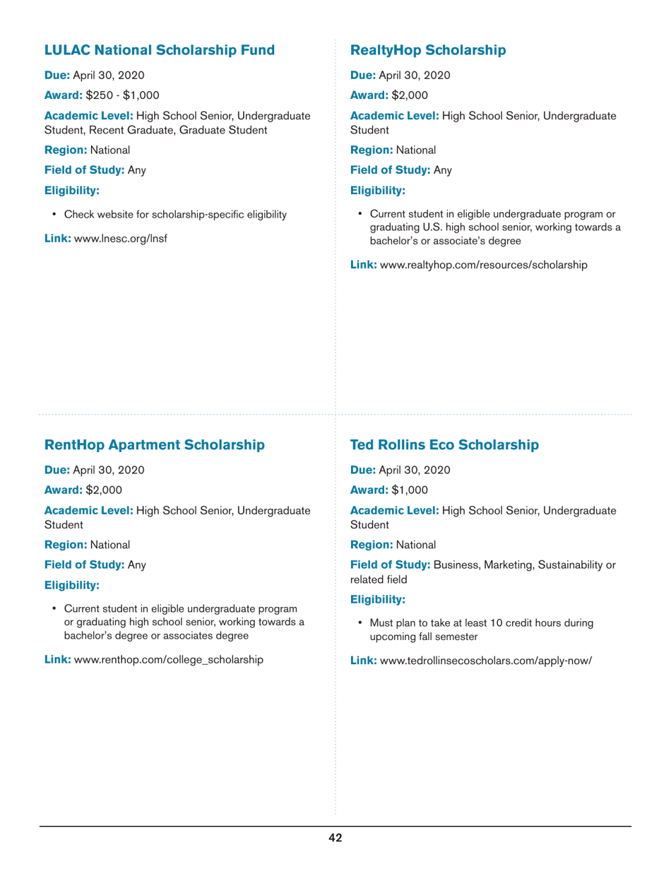 2020 List of Undergraduate Scholarships That Dont Require Proof of U.S. Citizenship or Legal Permanent Residency, Page 42