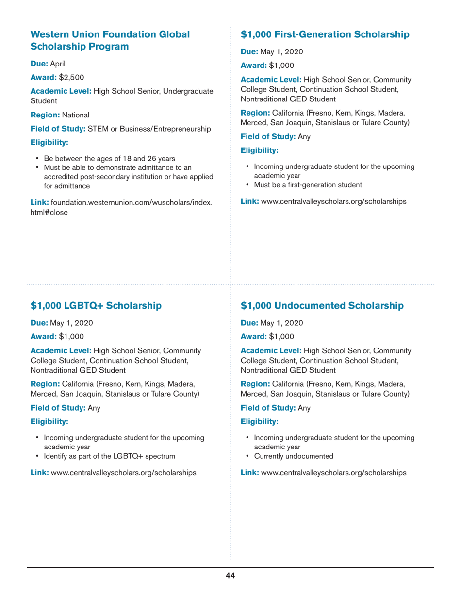 2020 List of Undergraduate Scholarships That Dont Require Proof of U.S. Citizenship or Legal Permanent Residency, Page 44