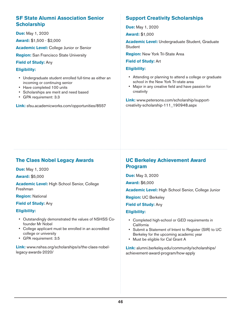 2020 List of Undergraduate Scholarships That Dont Require Proof of U.S. Citizenship or Legal Permanent Residency, Page 46