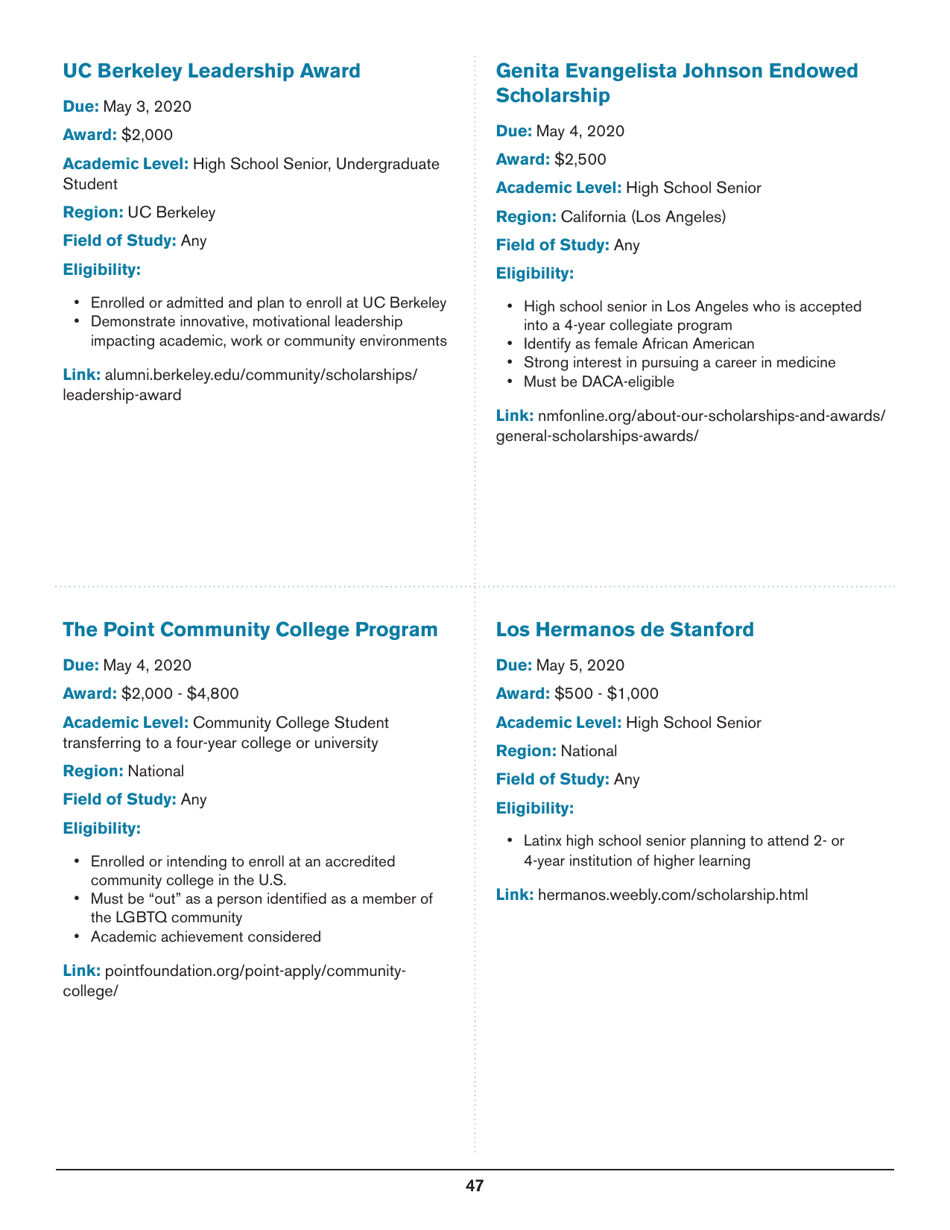 2020 List of Undergraduate Scholarships That Dont Require Proof of U.S. Citizenship or Legal Permanent Residency, Page 47