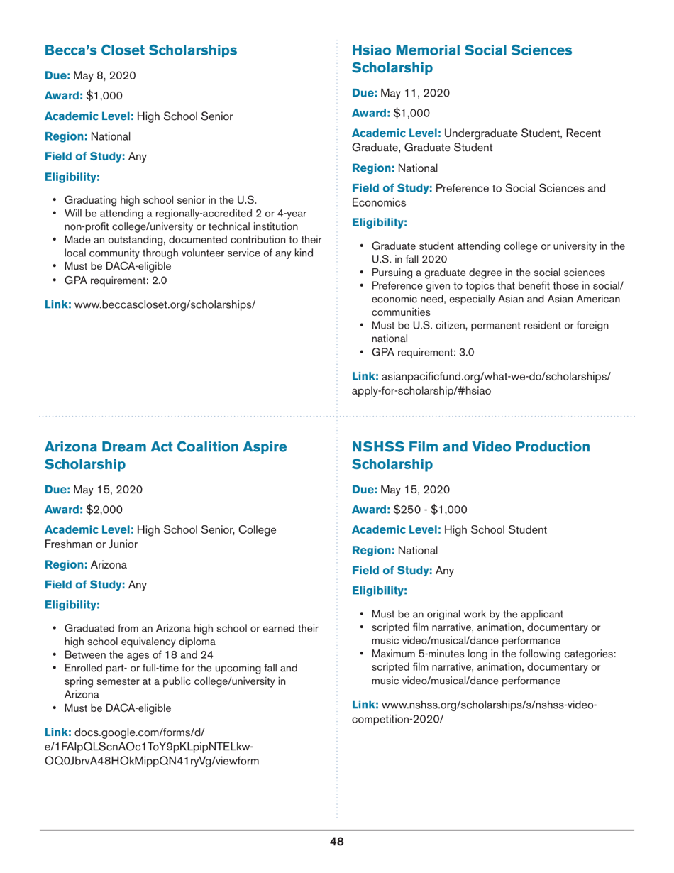 2020 List of Undergraduate Scholarships That Dont Require Proof of U.S. Citizenship or Legal Permanent Residency, Page 48