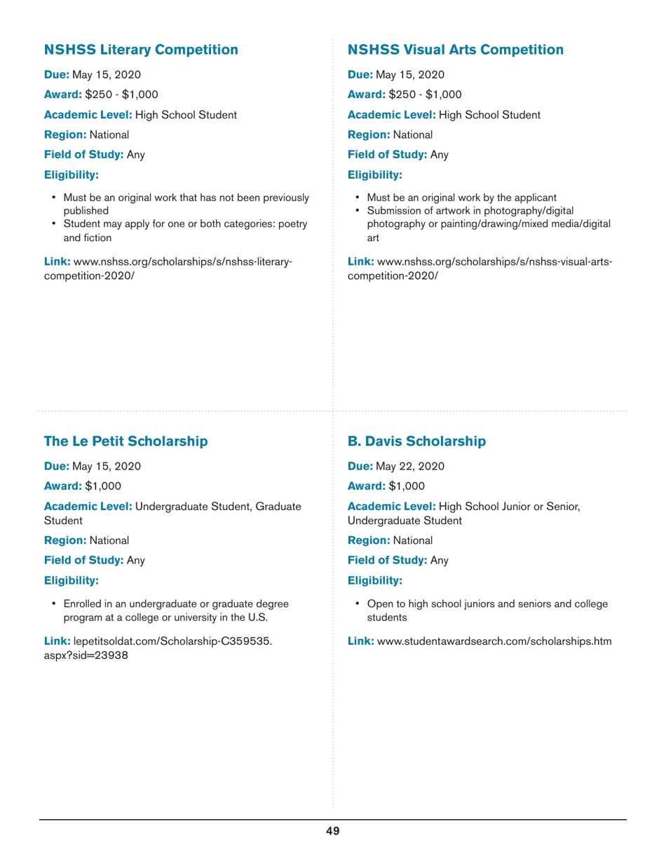 2020 List of Undergraduate Scholarships That Dont Require Proof of U.S. Citizenship or Legal Permanent Residency, Page 49