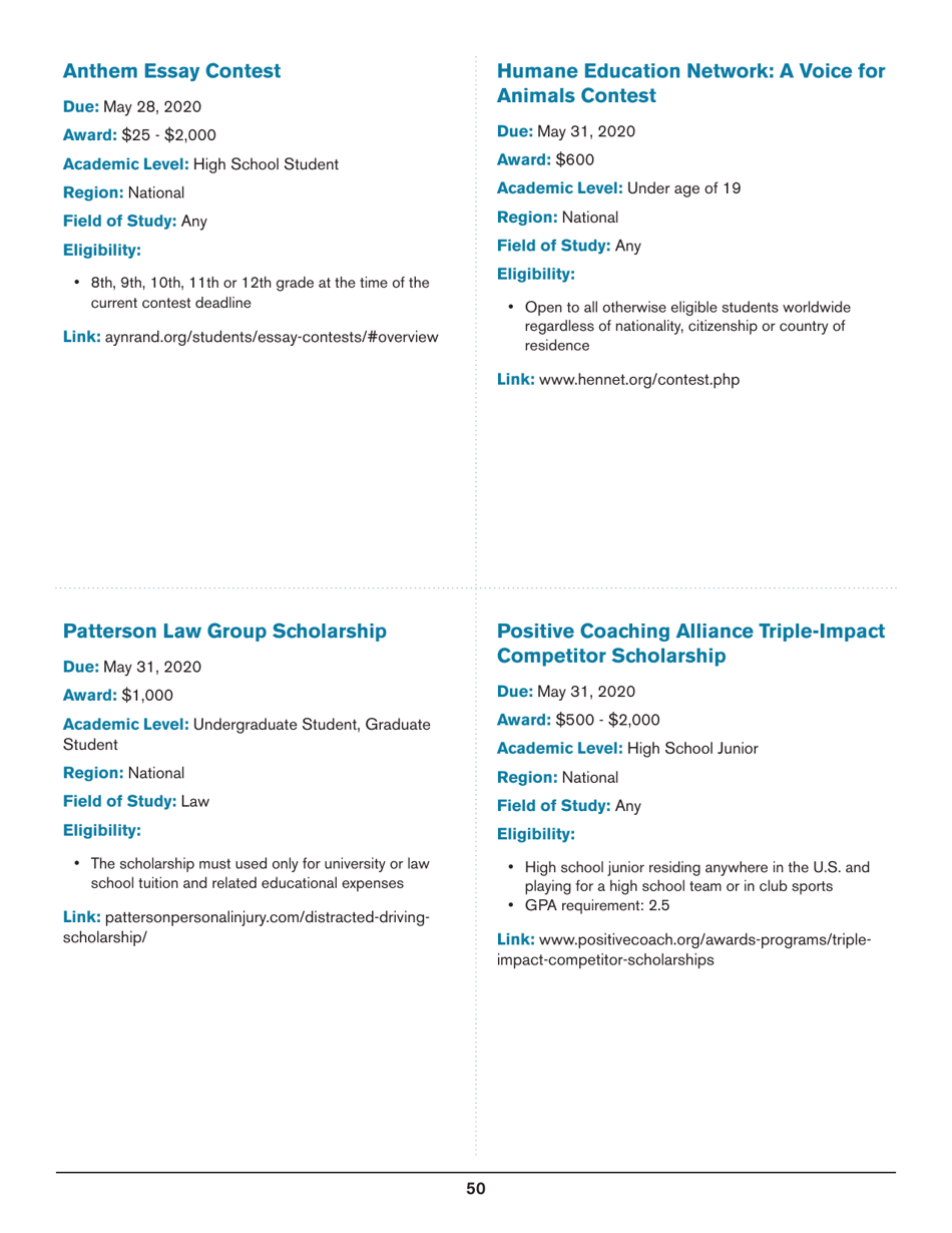 2020 List of Undergraduate Scholarships That Dont Require Proof of U.S. Citizenship or Legal Permanent Residency, Page 50