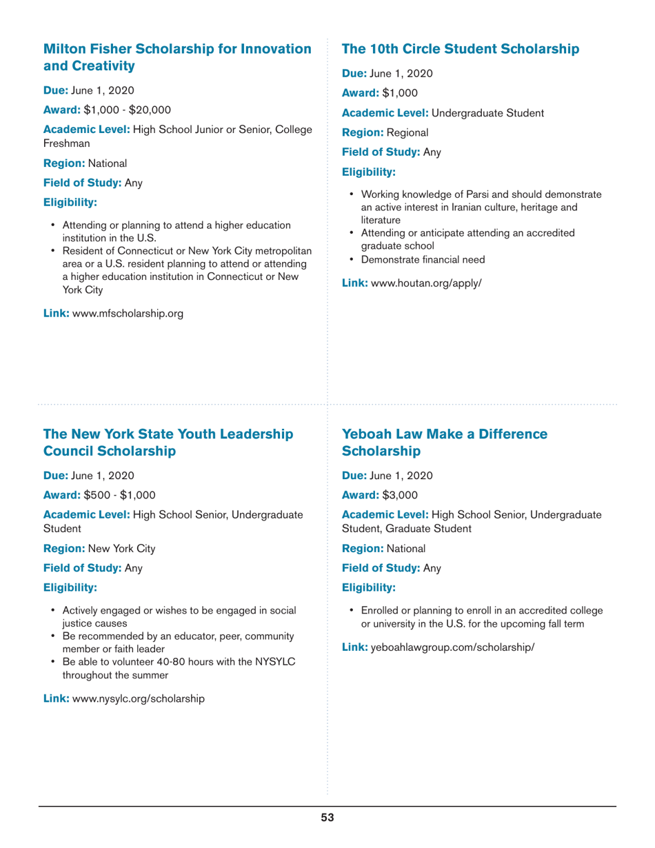 2020 List of Undergraduate Scholarships That Dont Require Proof of U.S. Citizenship or Legal Permanent Residency, Page 53