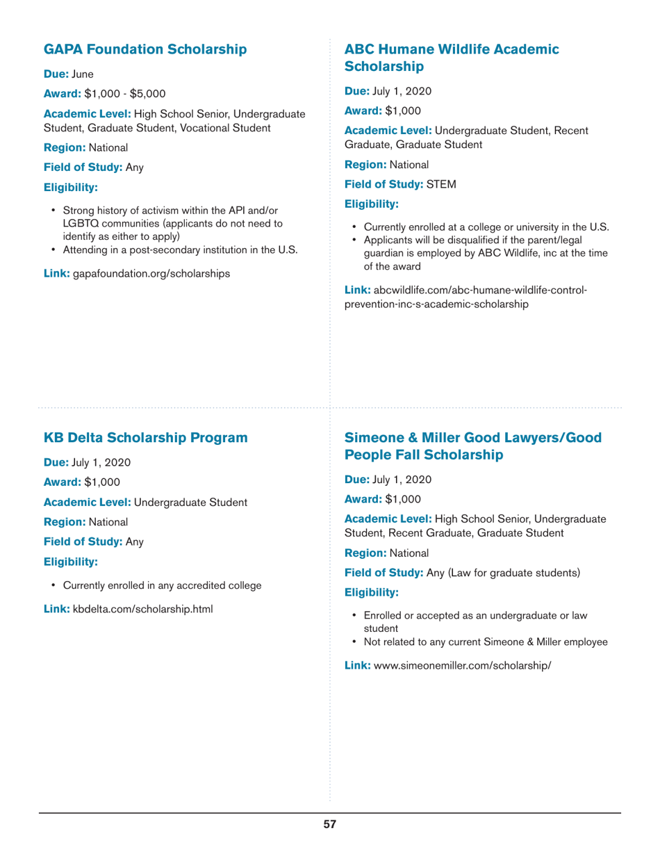 2020 List of Undergraduate Scholarships That Dont Require Proof of U.S. Citizenship or Legal Permanent Residency, Page 57