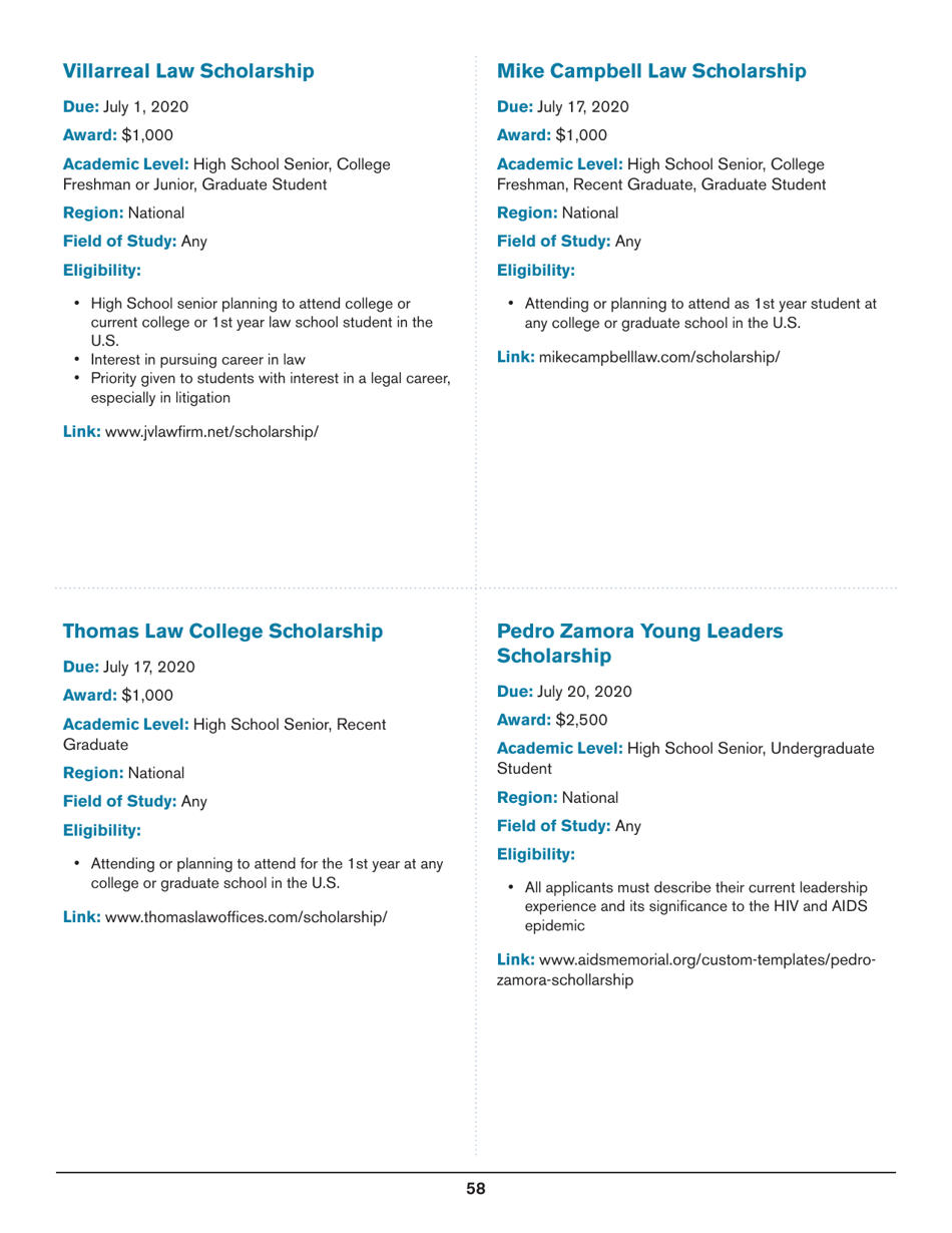 2020 List of Undergraduate Scholarships That Dont Require Proof of U.S. Citizenship or Legal Permanent Residency, Page 58