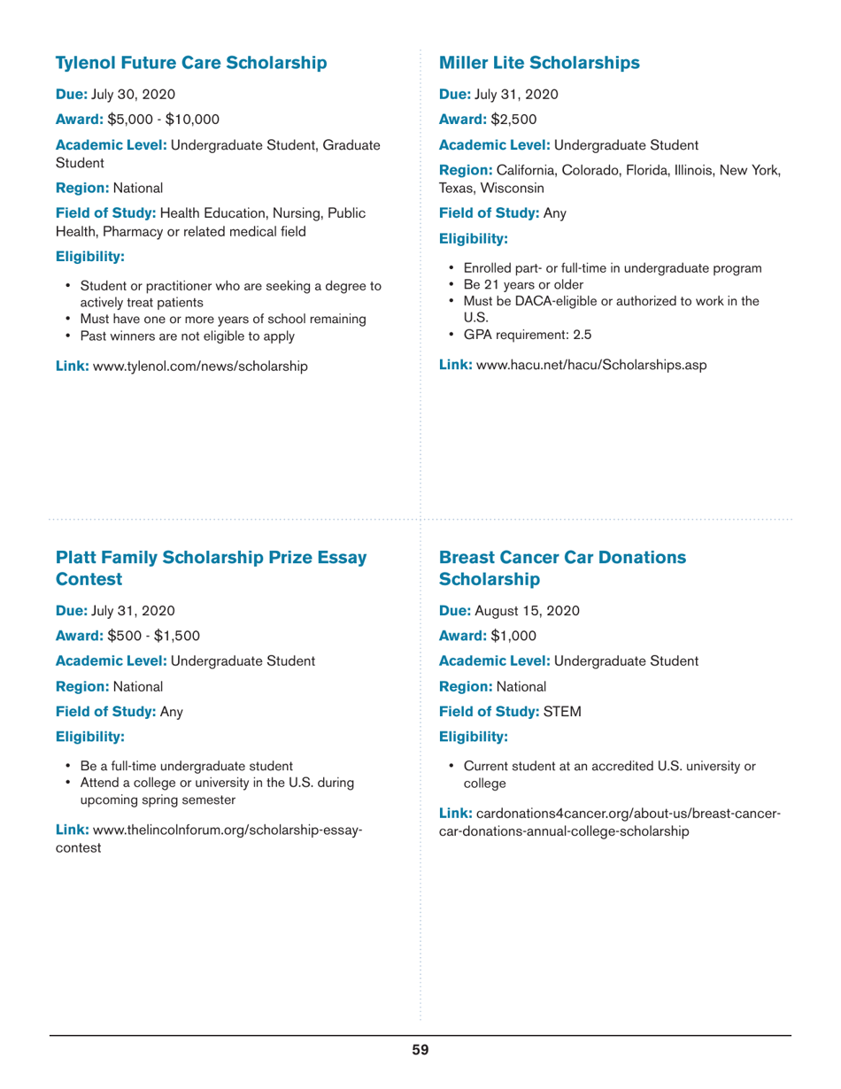 2020 List of Undergraduate Scholarships That Dont Require Proof of U.S. Citizenship or Legal Permanent Residency, Page 59