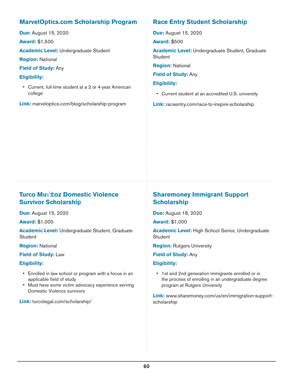 2020 List of Undergraduate Scholarships That Dont Require Proof of U.S. Citizenship or Legal Permanent Residency, Page 60