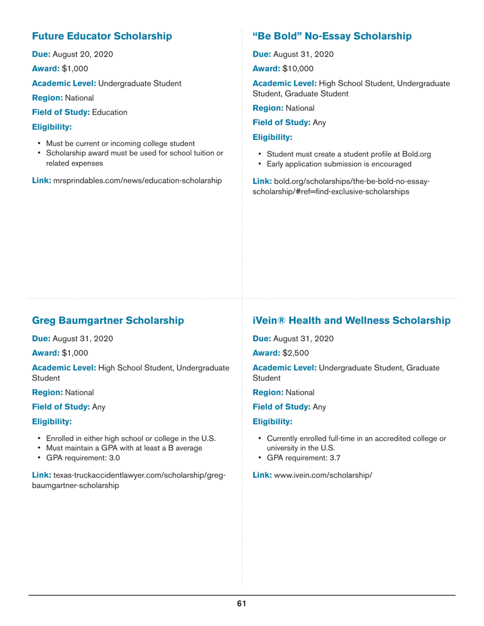 2020 List of Undergraduate Scholarships That Dont Require Proof of U.S. Citizenship or Legal Permanent Residency, Page 61