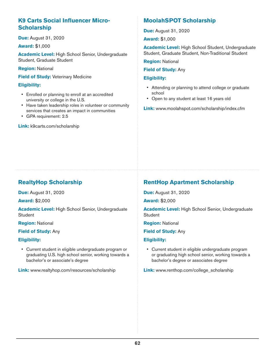 2020 List of Undergraduate Scholarships That Dont Require Proof of U.S. Citizenship or Legal Permanent Residency, Page 62