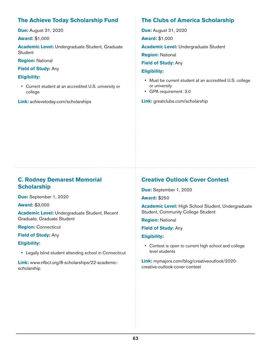 2020 List of Undergraduate Scholarships That Dont Require Proof of U.S. Citizenship or Legal Permanent Residency, Page 63