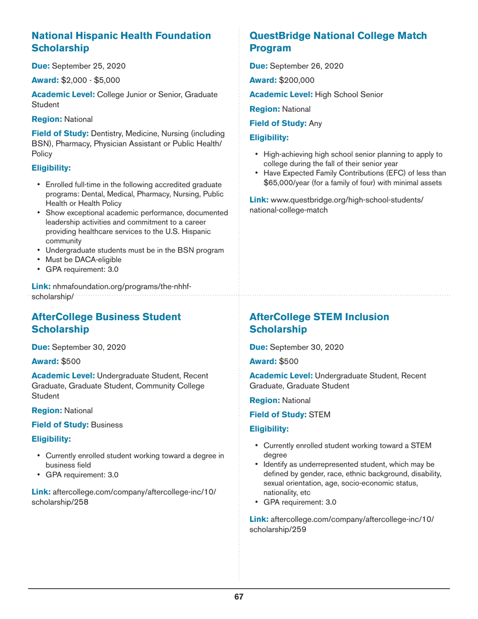 2020 List of Undergraduate Scholarships That Dont Require Proof of U.S. Citizenship or Legal Permanent Residency, Page 67