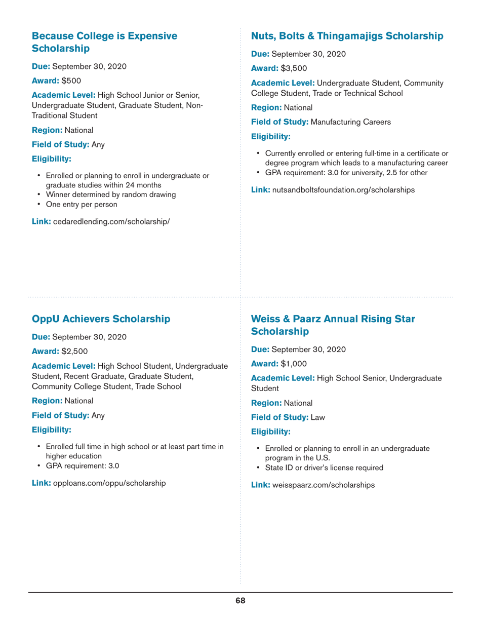 2020 List of Undergraduate Scholarships That Dont Require Proof of U.S. Citizenship or Legal Permanent Residency, Page 68