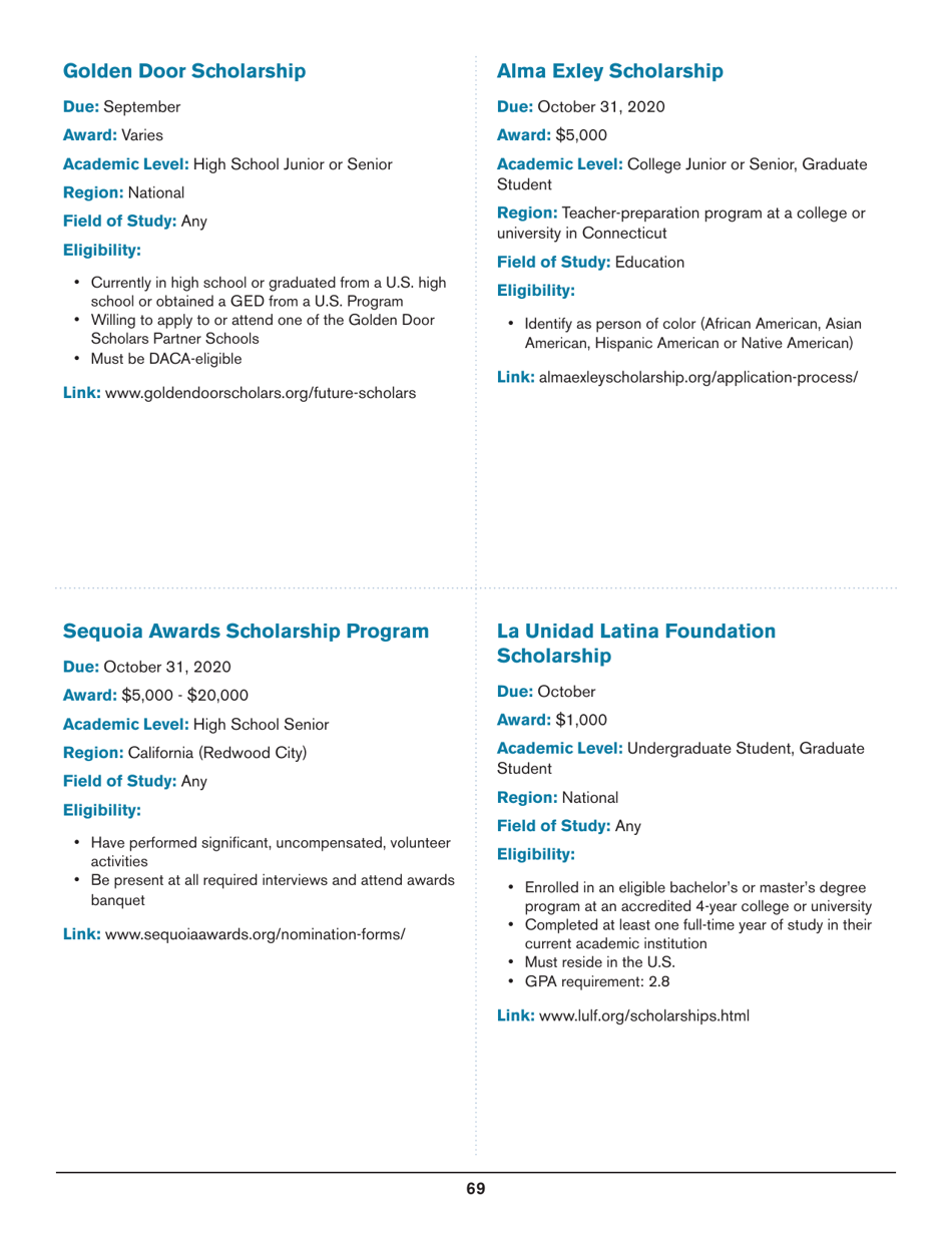 2020 List of Undergraduate Scholarships That Dont Require Proof of U.S. Citizenship or Legal Permanent Residency, Page 69
