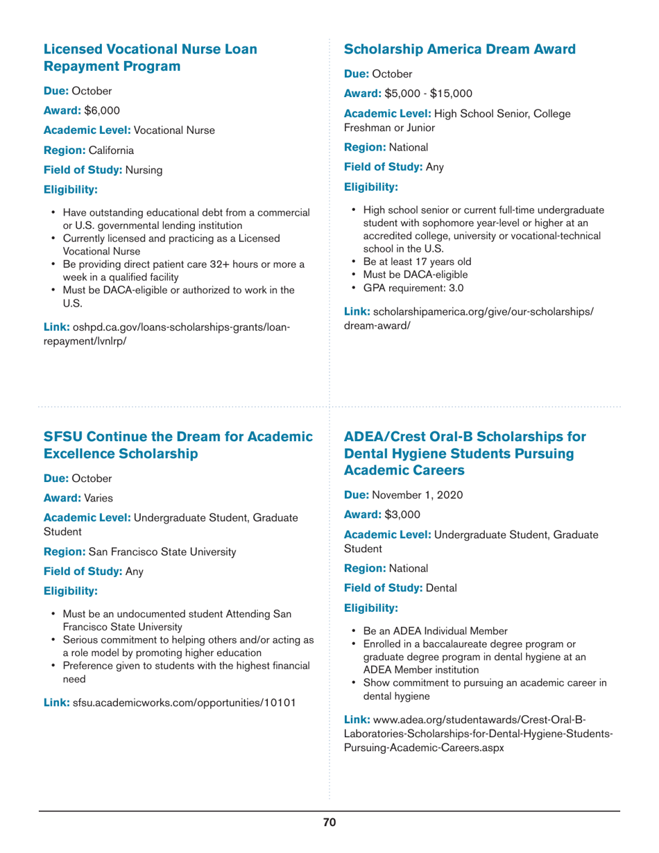 2020 List of Undergraduate Scholarships That Dont Require Proof of U.S. Citizenship or Legal Permanent Residency, Page 70
