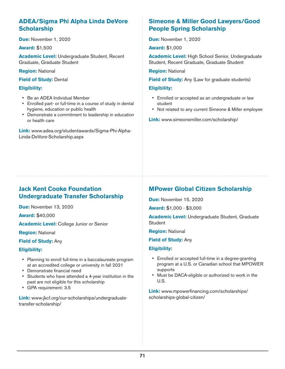 2020 List of Undergraduate Scholarships That Dont Require Proof of U.S. Citizenship or Legal Permanent Residency, Page 71