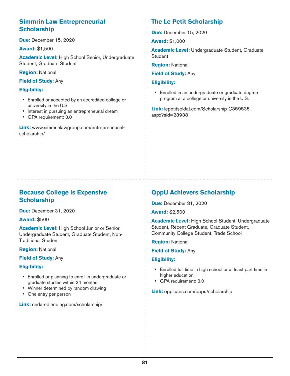 2020 List of Undergraduate Scholarships That Dont Require Proof of U.S. Citizenship or Legal Permanent Residency, Page 81