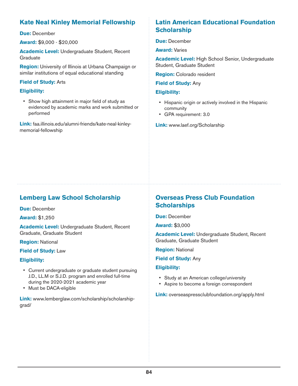 2020 List of Undergraduate Scholarships That Dont Require Proof of U.S. Citizenship or Legal Permanent Residency, Page 84