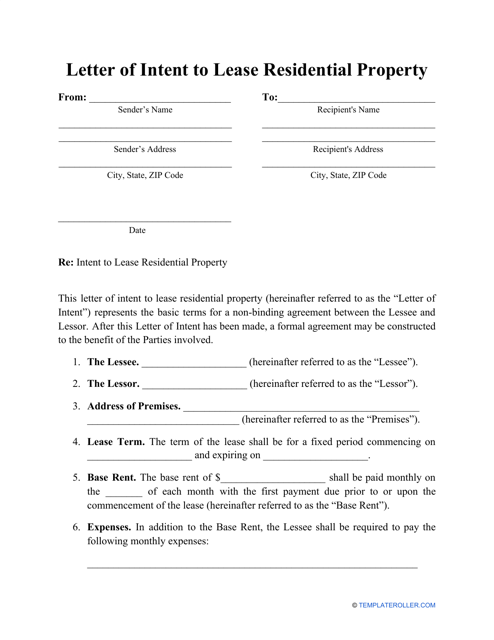 Letter of Intent to Lease Residential Property Template