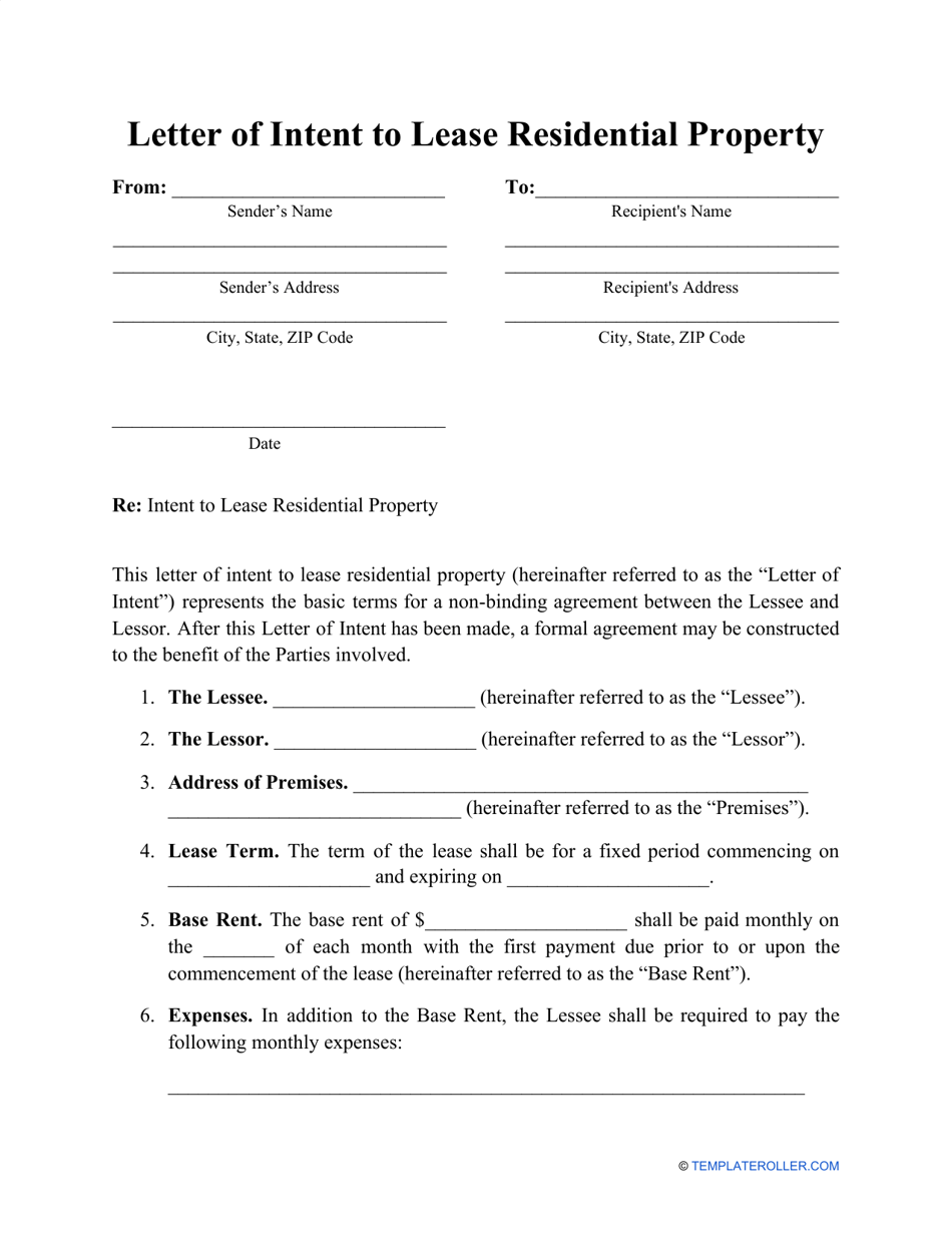 Letter of Intent to Lease Residential Property Template - Free Preview