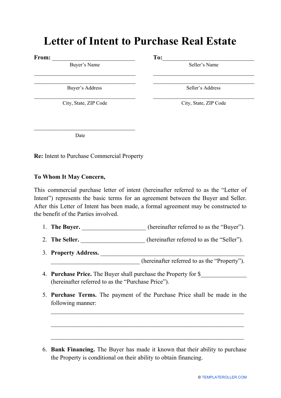 Letter Of Intent To Purchase Real Estate Template Download Printable Pdf Templateroller