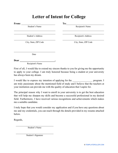 Letter of Intent for College Template