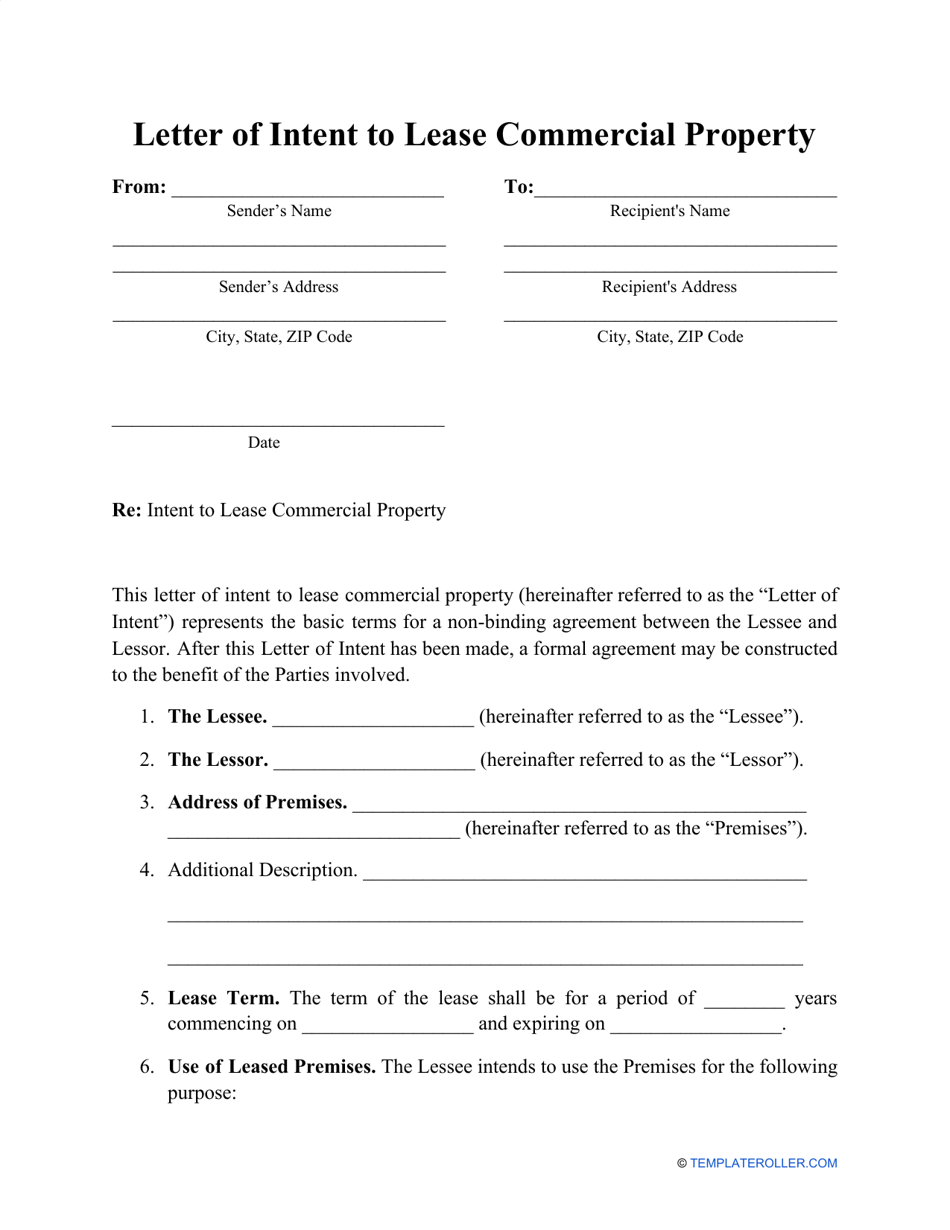 Letter Of Intent To Lease Commercial Property Template Download Printable Pdf Templateroller