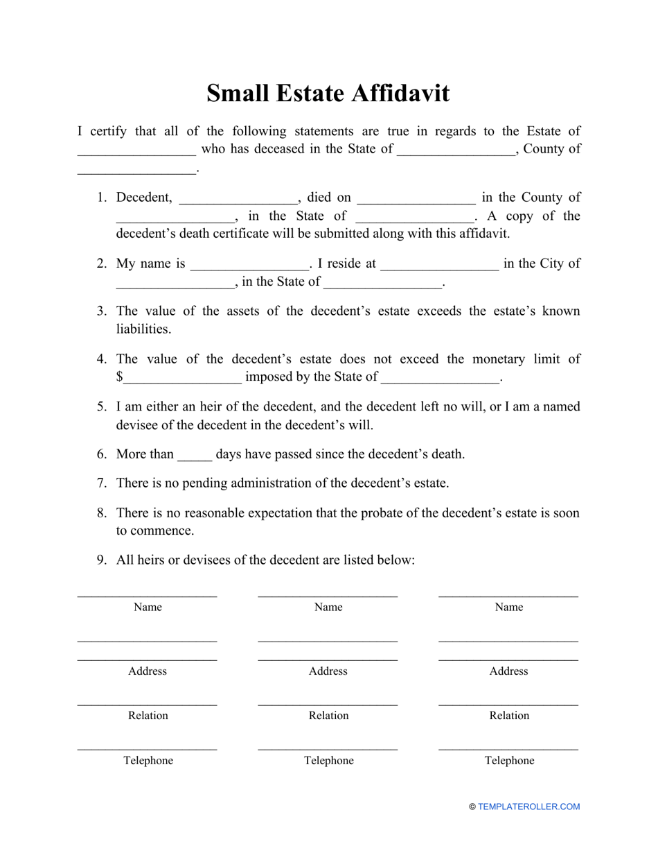 Affidavit of Small Estate Form, Page 1