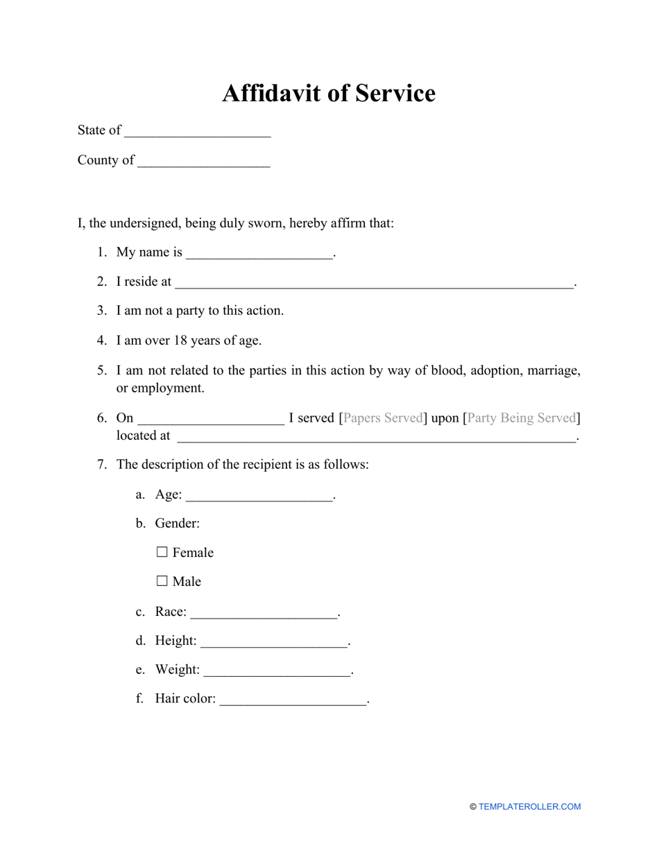 Printable Affidavit Of Service Template Printable Templates