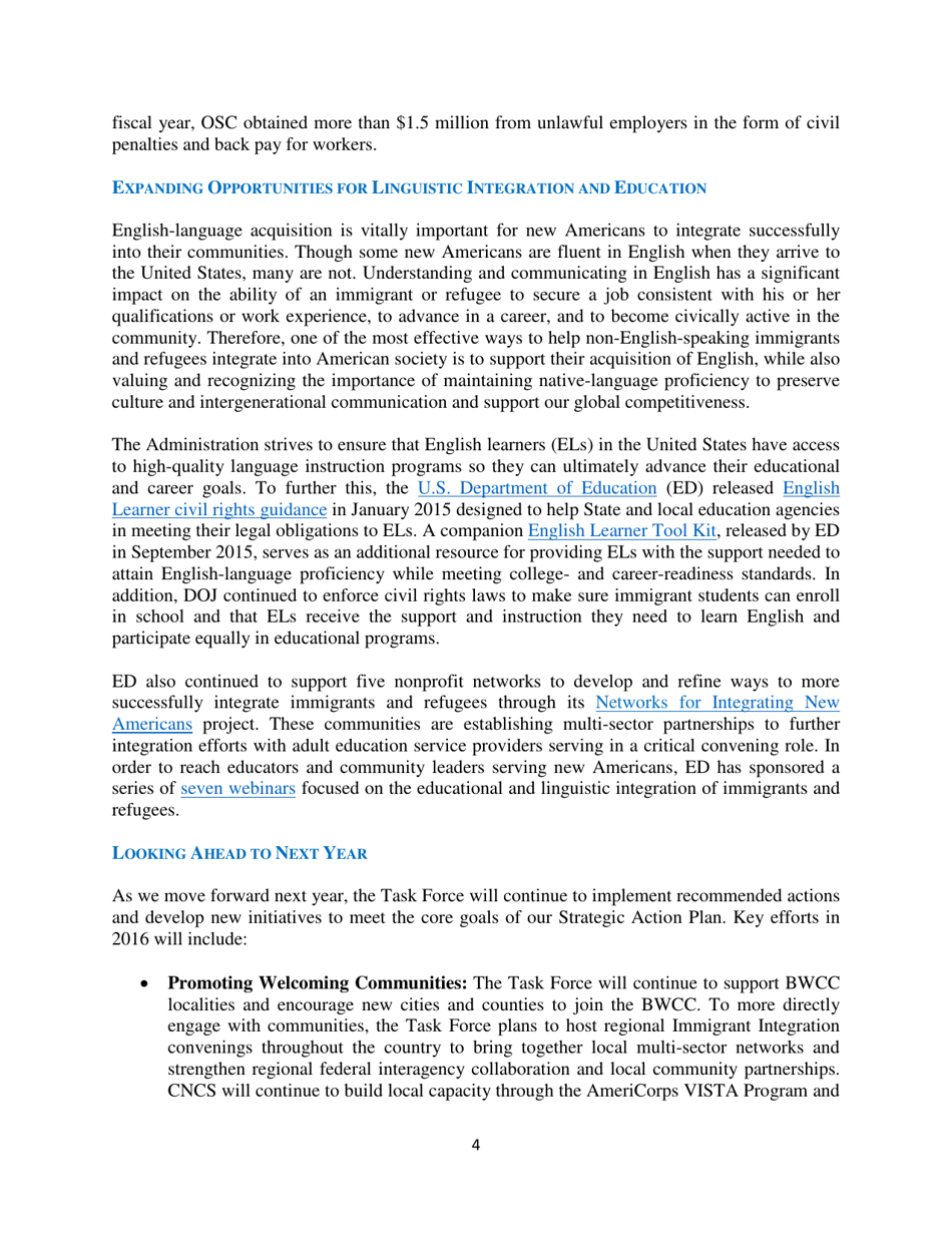 White House Task Force on New Americans One-Year Progress Report, Page 9