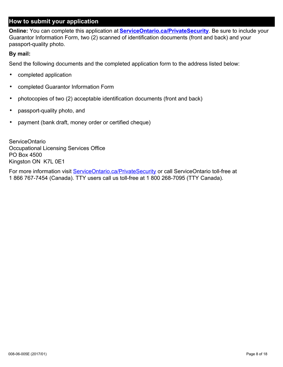 Form 008-06-005E Security Guard and / or Private Investigator Licence Application Form - Ontario, Canada, Page 8