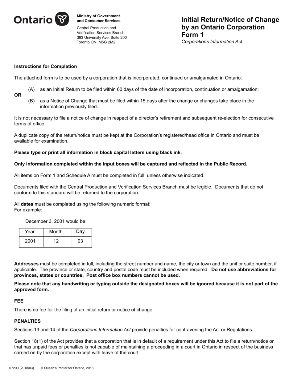 Form 1 - Fill Out, Sign Online and Download Fillable PDF, Ontario ...