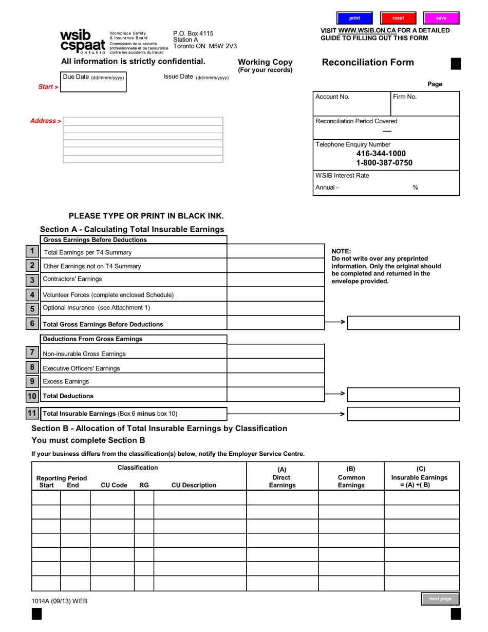 Form 1014A Reconciliation Form - Ontario, Canada, Page 1