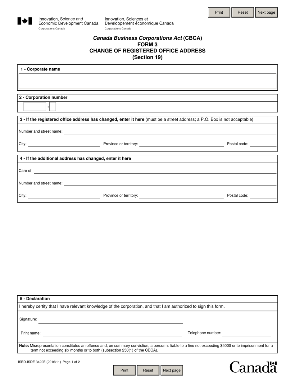 Form 3 Change of Registered Office Address - Canada, Page 1