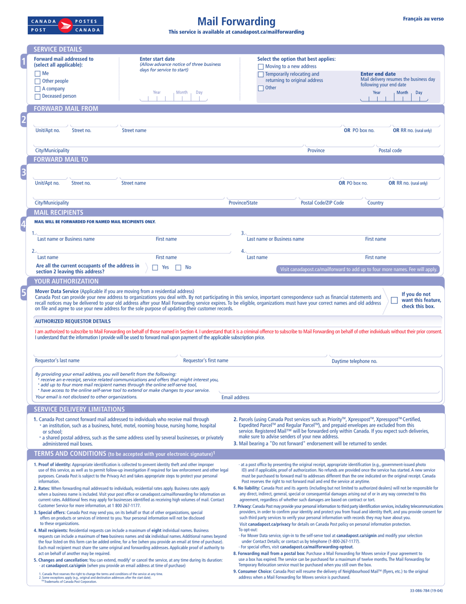 Form 33-086-784 Mail Forwarding - Canada, Page 1