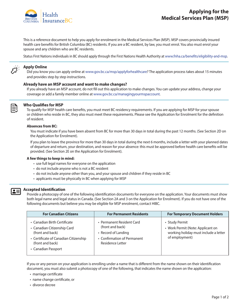 British Columbia Canada Medical Services Plan (Msp) Application for