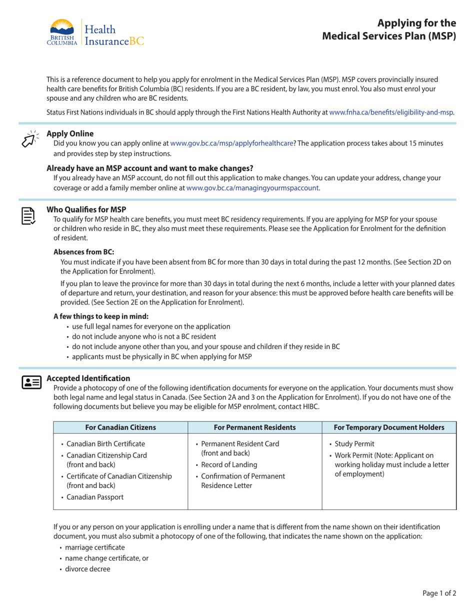 Medical Services Plan (Msp) Application for Enrolment - British Columbia, Canada, Page 1
