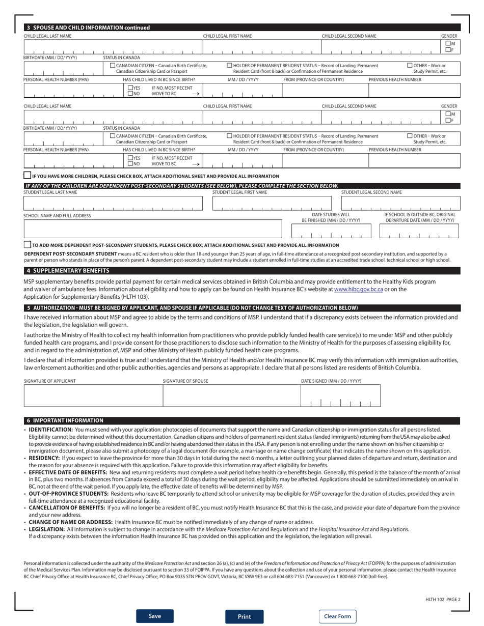 British Columbia Canada Medical Services Plan (Msp) Application for