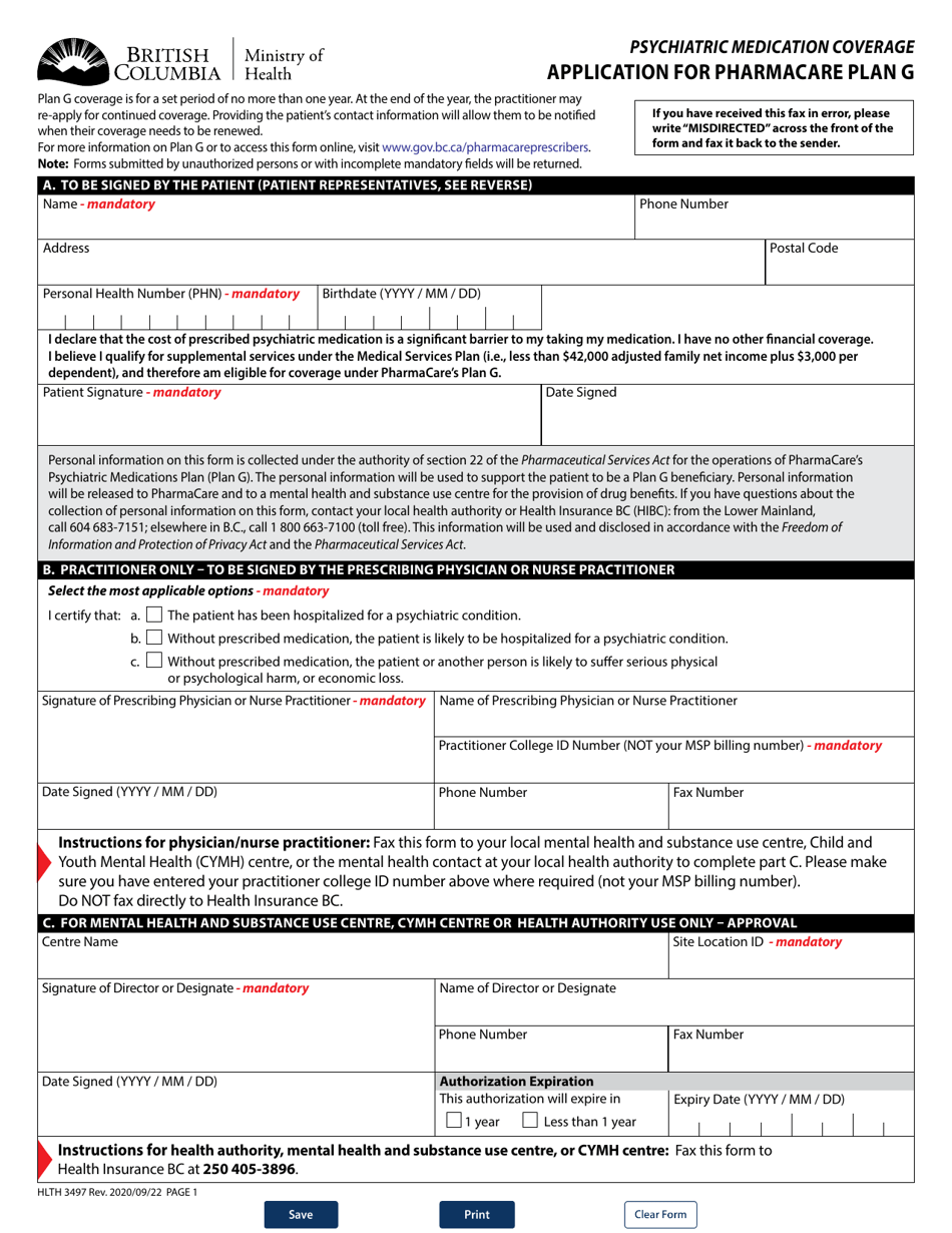 Form HTLH3497 Application for Pharmacare Plan G - British Columbia, Canada, Page 1