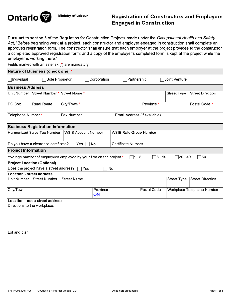 Form 016-1000E Registration of Constructors and Employers Engaged in Construction - Ontario, Canada, Page 1