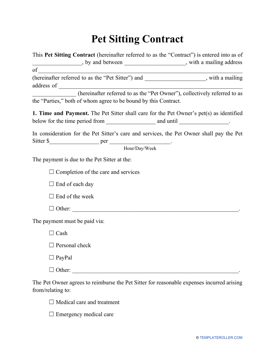 Pet Sitting Contract Template, Page 1