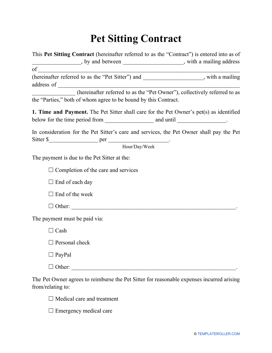 Pet Sitting Contract Template - Fill Out, Sign Online and Download PDF ...