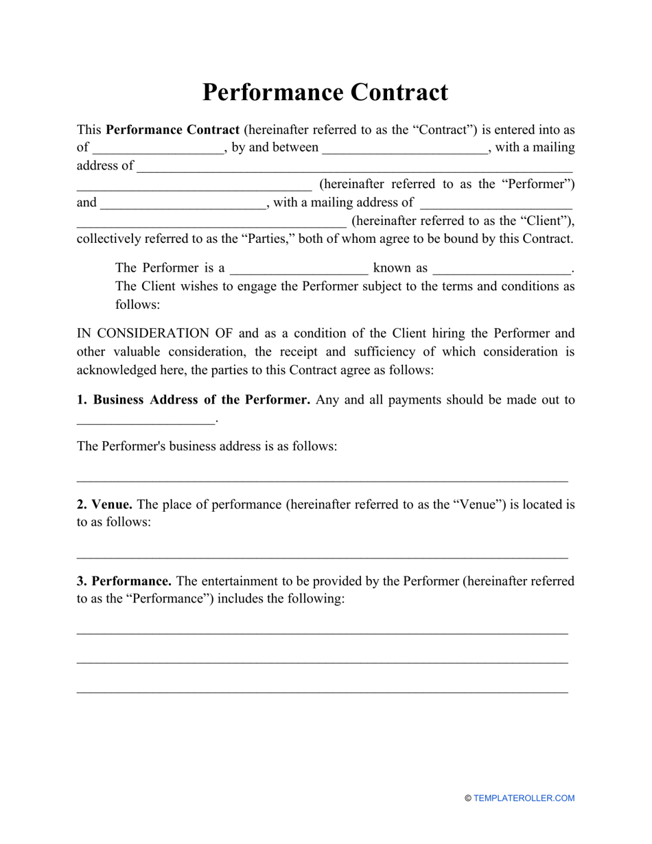 Performance Contract Template Download Printable PDF  Templateroller For venue hire agreement template