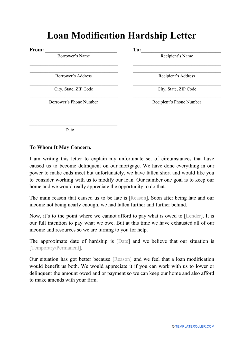 Loan Modification Hardship Letter Template, Page 1
