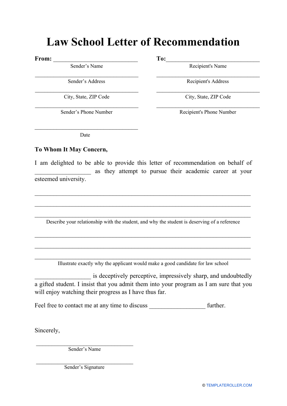 Law School Letter of Recommendation Template Download Printable