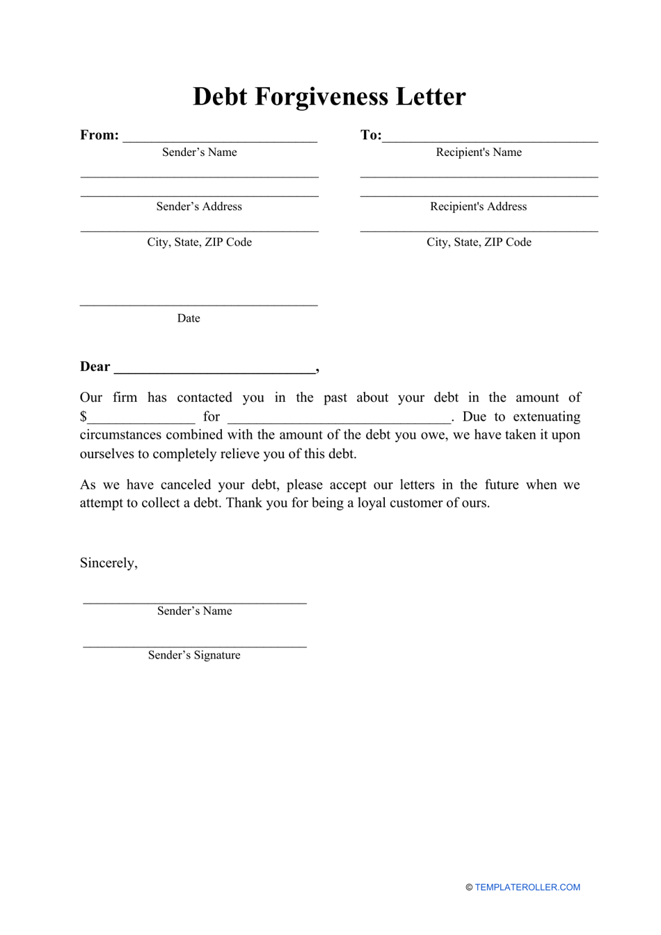 Debt Forgiveness Letter Template Preview