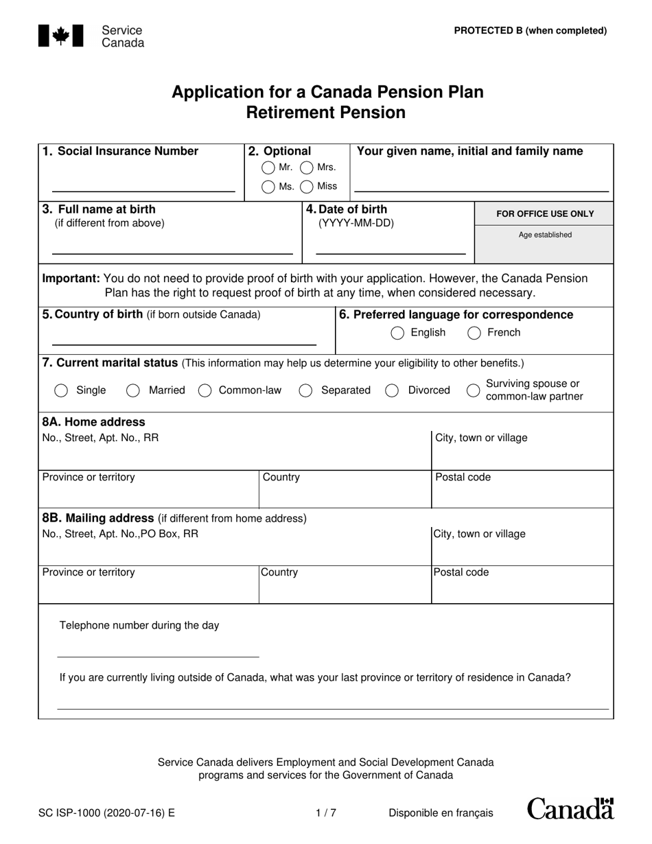 Form ISP-1000 Application for a Canada Pension Plan Retirement Pension - Canada, Page 1