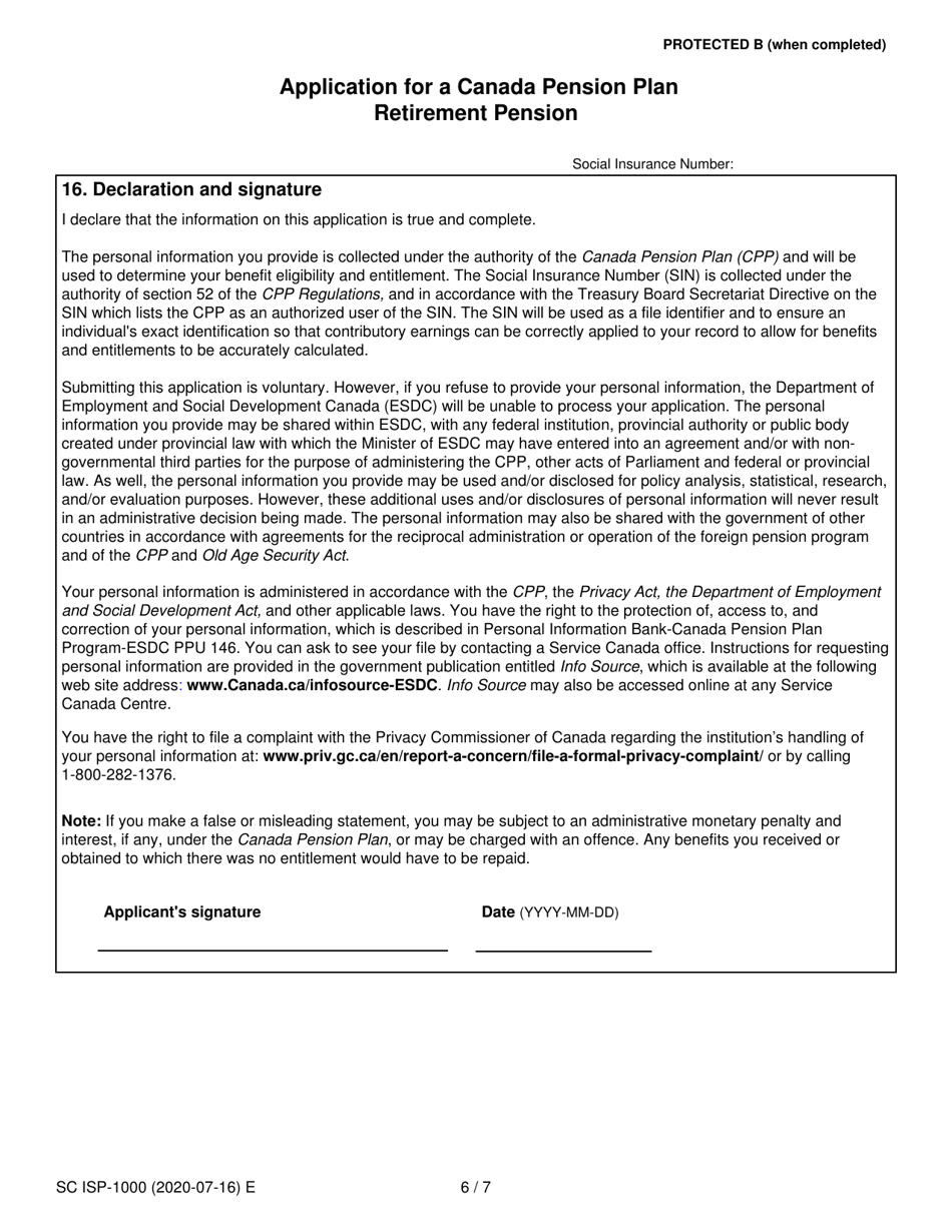 Form ISP-1000 Application for a Canada Pension Plan Retirement Pension - Canada, Page 6